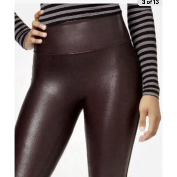 SPANX Faux Leather Leggings Small BURGUNDY shiny Holiday Dressy City Chic EUC - Picture 2 of 12